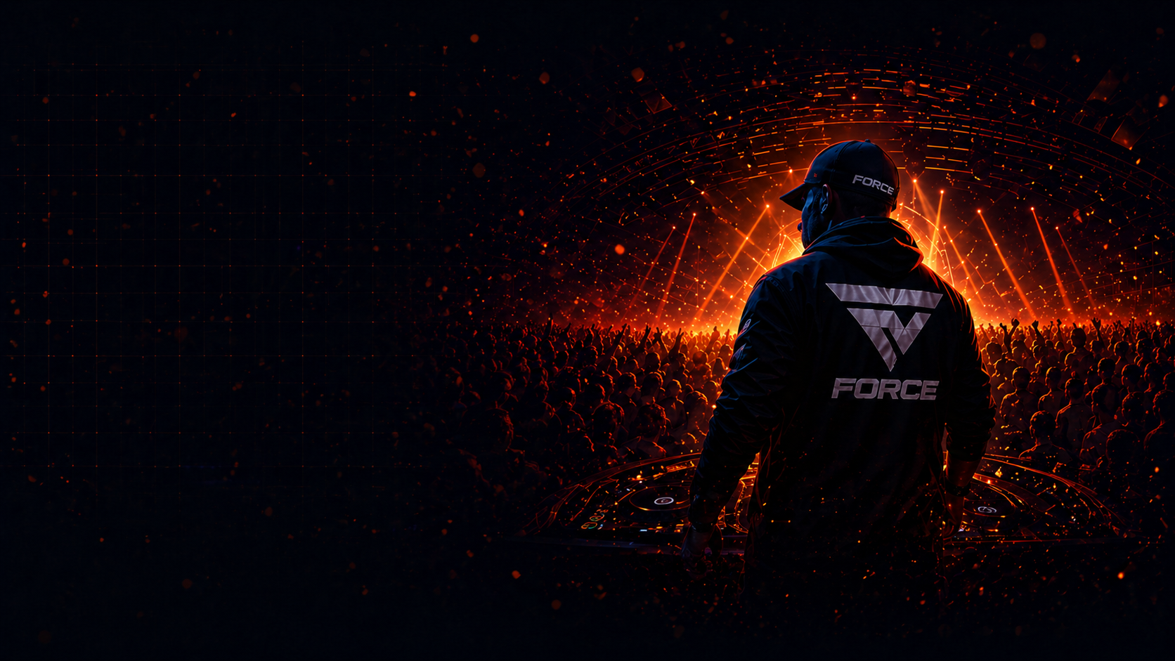 Hidden hooded Force Music artist facing a rave crowd